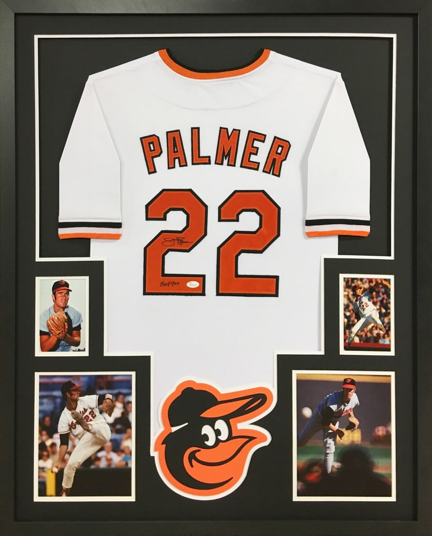 Jim Palmer Signed Framed Jersey Baltimore Orioles JSA Authenticated: Jim Palmer Signed Framed Jersey Baltimore Orioles JSA Authenticated This is a pre-owned, autographed Jim Palmer framed jersey from the Baltimore Orioles. The autograph is authenticated by JSA, a leadi