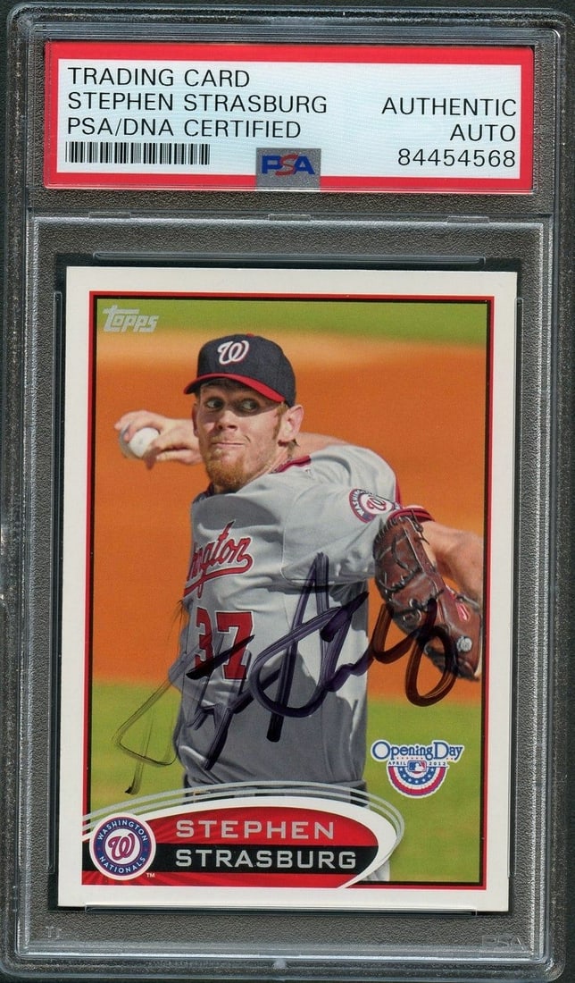 2012 Topps Opening Day #190 Stephen Strasburg Signed PSA/DNA Card: 2012 Topps Opening Day #190 Stephen Strasburg Signed PSA/DNA Card This is a 2012 Topps Opening Day #190 trading card featuring the autograph of Stephen Strasburg, star pitcher for the Washington Natio