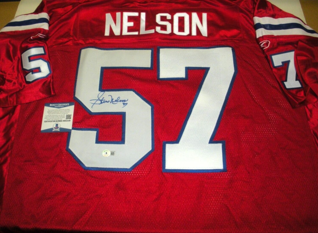 Steve Nelson Signed Reebok Jersey with Beckett COA Patriots: Steve Nelson Signed Reebok Jersey with Beckett COA Patriots Enhance your collection with this officially licensed Reebok jersey, signed by Steve Nelson of the New England Patriots. This collectible it