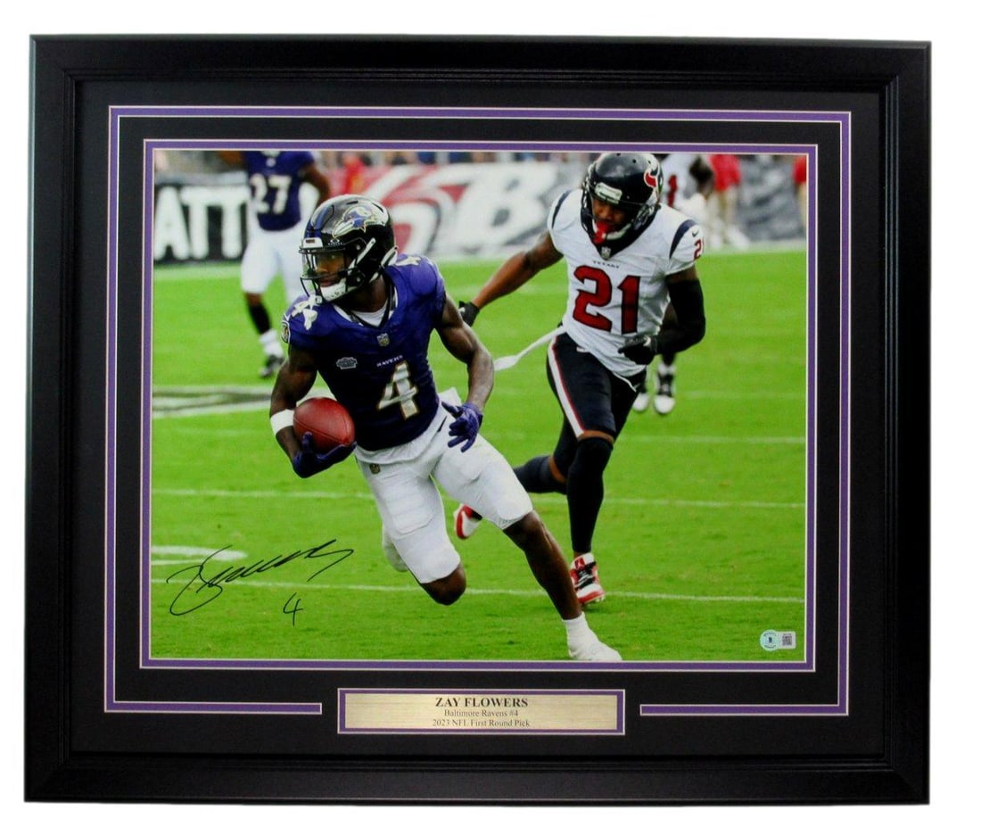 Zay Flowers Signed 16x20 Framed Photo Ravens BAS Authenticated: Zay Flowers Signed 16x20 Framed Photo Ravens BAS Authenticated This stunning Zay Flowers signed 16x20 photo captures the excitement of the Baltimore Ravens in action. Professionally framed, the overal