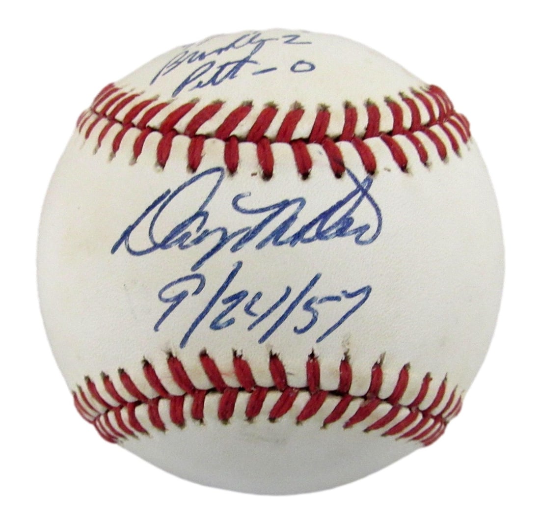 Autographed ONL Baseball with Inscription by Danny McDevitt Brooklyn Dodgers PSA DNA: Autographed ONL Baseball with Inscription by Danny McDevitt Brooklyn Dodgers PSA DNA This is an original ONL baseball signed and inscribed by Danny McDevitt, commemorating his last game at Ebbets Fiel