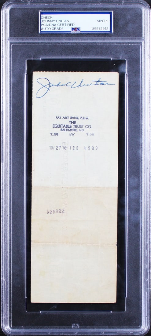 Johnny Unitas Signed 1970 Payroll Check PSA/DNA Slabbed Baltimore Colts: Johnny Unitas Signed 1970 Payroll Check PSA/DNA Slabbed Baltimore Colts This authentic payroll check, dated November 22, 1970, features the signature of legendary Baltimore Colts quarterback Johnny Un