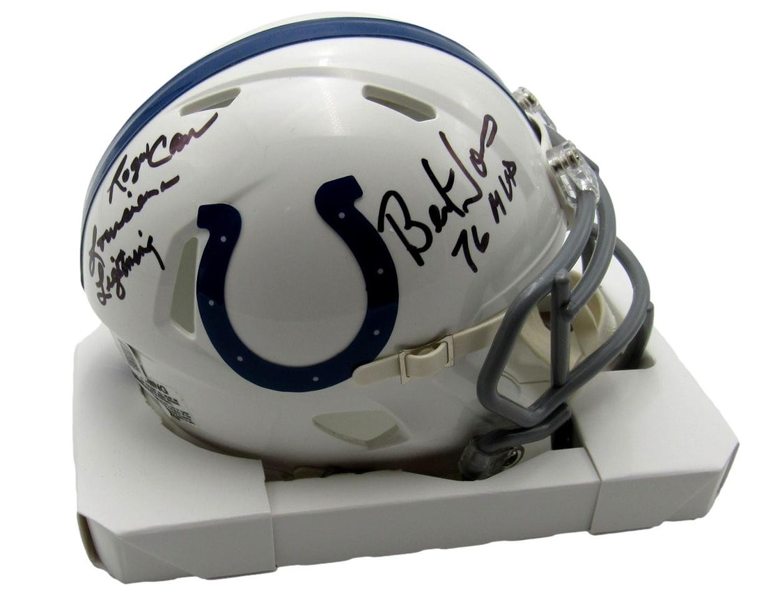 Bert Jones Roger Carr Autographed Colts Mini Helmet JSA BAS: Bert Jones Roger Carr Autographed Colts Mini Helmet JSA BAS This Baltimore Colts Mini Football Helmet features the autographs and inscriptions of Bert Jones and Roger Carr. Authenticated by JSA/BAS, i