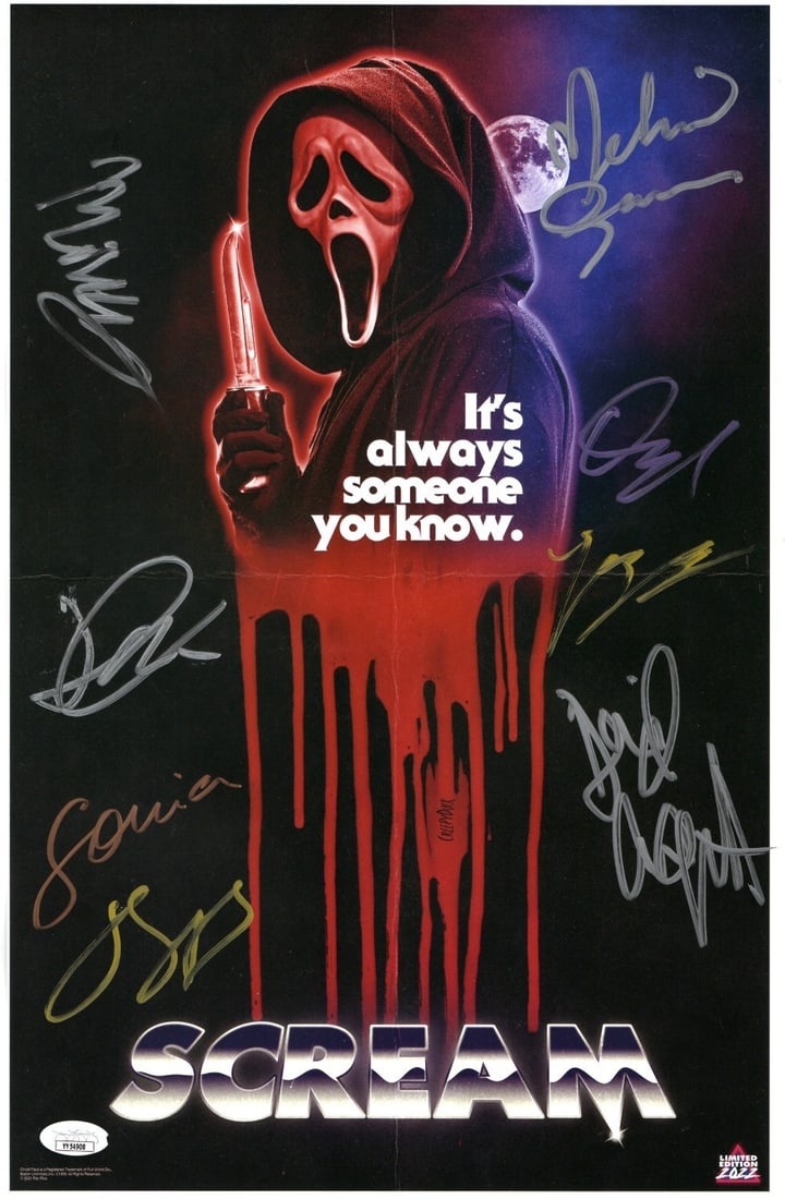 Scream 2022 Cast Signed 11X17 Poster David Arquette JSA Authenticated: Scream 2022 Cast Signed 11X17 Poster David Arquette JSA Authenticated This original 11X17 poster from the 2022 film "Scream" features autographs from the cast, including David Arquette, Melissa Barrer