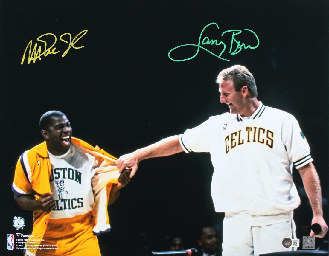 Magic Johnson Larry Bird Signed 16x20 Retirement Photo BAS Witnessed: Magic Johnson Larry Bird Signed 16x20 Retirement Photo BAS Witnessed Capture a moment in basketball history with this authentic 16x20 retirement photo featuring the legendary signatures of Magic Johns