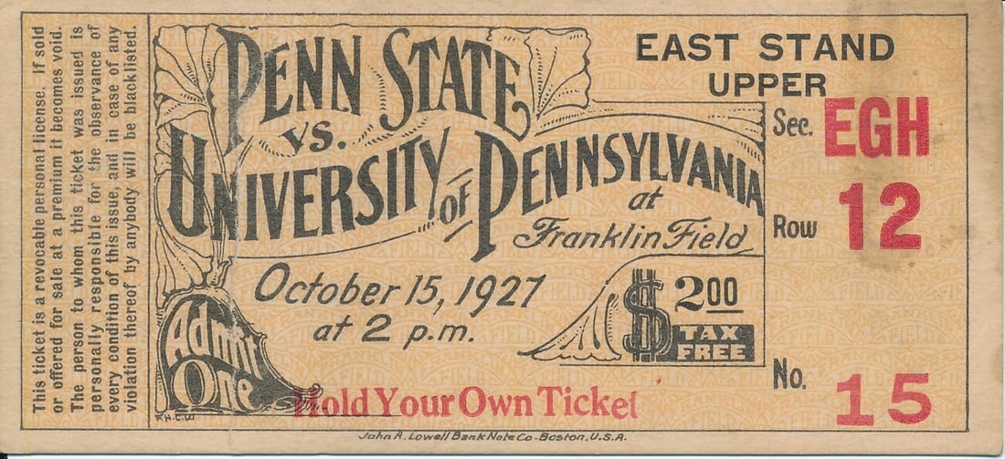 1927 NCAA Football Ticket Stub Penn State vs University of Pennsylvania: 1927 NCAA Football Ticket Stub Penn State vs University of Pennsylvania This listing features a rare ticket stub from the historic October 15, 1927 football game between Penn State University and the 
