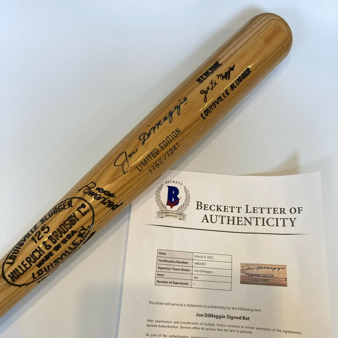Joe DiMaggio Signed Limited Edition Baseball Bat with Beckett COA: Joe DiMaggio Signed Limited Edition Baseball Bat with Beckett COA Celebrate the legacy of baseball legend Joe DiMaggio with this beautiful Louisville Slugger game model baseball bat, signed by the Hal