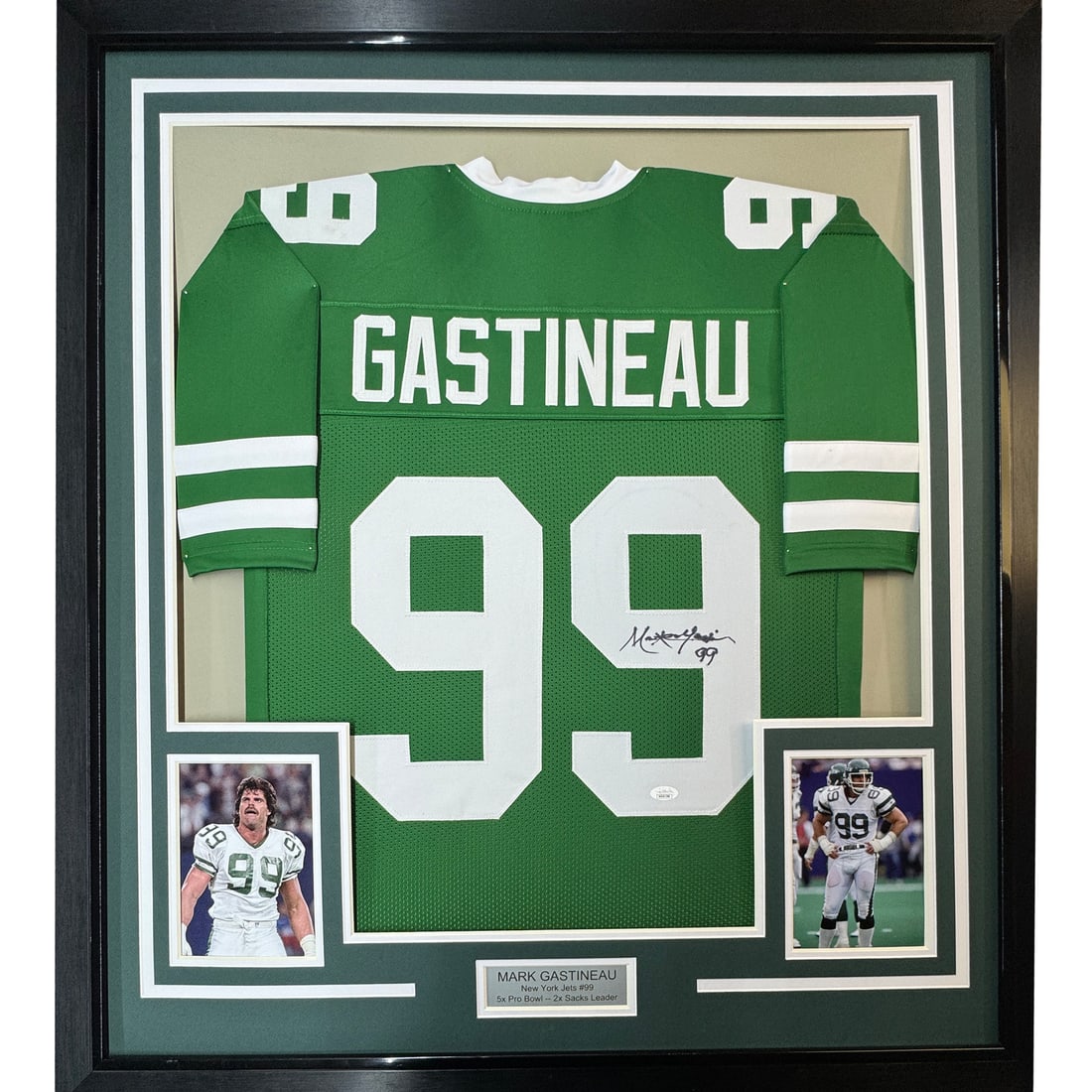 Framed Signed Mark Gastineau New York Jets Jersey with JSA COA: Framed Signed Mark Gastineau New York Jets Jersey with JSA COA Celebrate your passion for football with this professionally framed and matted autographed Mark Gastineau jersey. This stunning piece sho