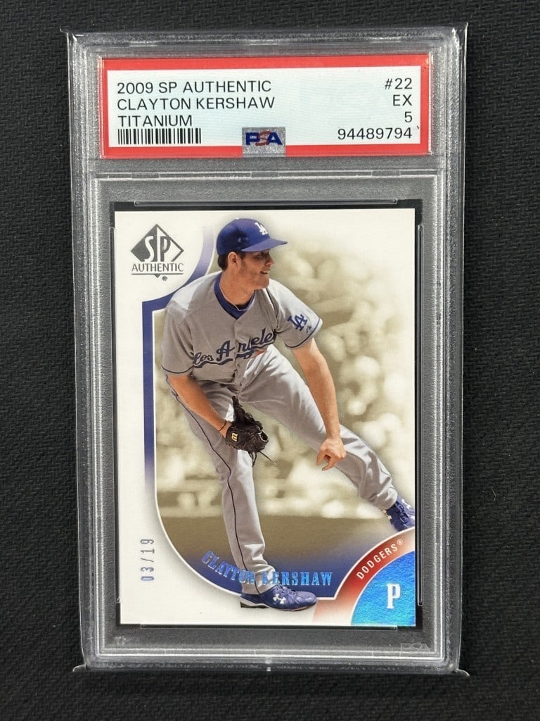 Clayton Kershaw 2009 SP Authentic Titanium Foil PSA 5 Card #22: Clayton Kershaw 2009 SP Authentic Titanium Foil PSA 5 Card #22 This is a 2009 SP Authentic Titanium Foil baseball card featuring Clayton Kershaw, a prominent player for the Los Angeles Dodgers. The ca