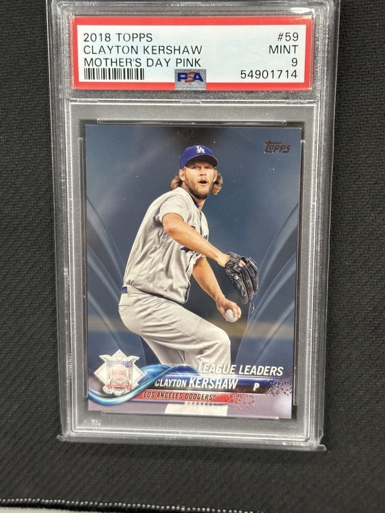 Clayton Kershaw 2018 Topps Father's Day Blue Mislabel PSA 9 #59: Clayton Kershaw 2018 Topps Father's Day Blue Mislabel PSA 9 #59 This is a Clayton Kershaw 2018 Topps Father's Day Blue Mislabel Baseball Card, featuring card number 59. Manufactured by Topps, this car