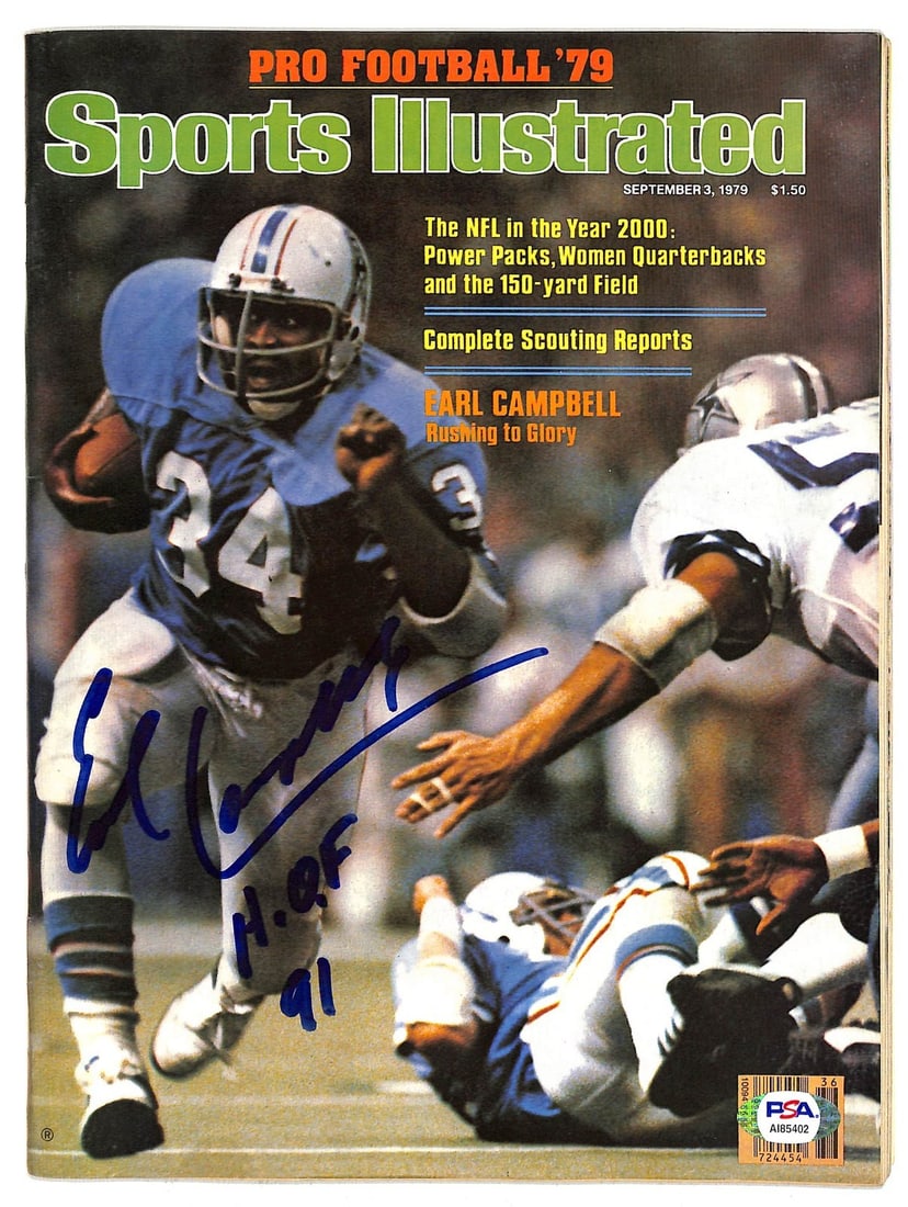 Signed 1979 Sports Illustrated Magazine Earl Campbell PSA DNA: Signed 1979 Sports Illustrated Magazine Earl Campbell PSA DNA This is an original 1979 Sports Illustrated newsstand issue magazine featuring football player Earl Campbell. The magazine has been autogr