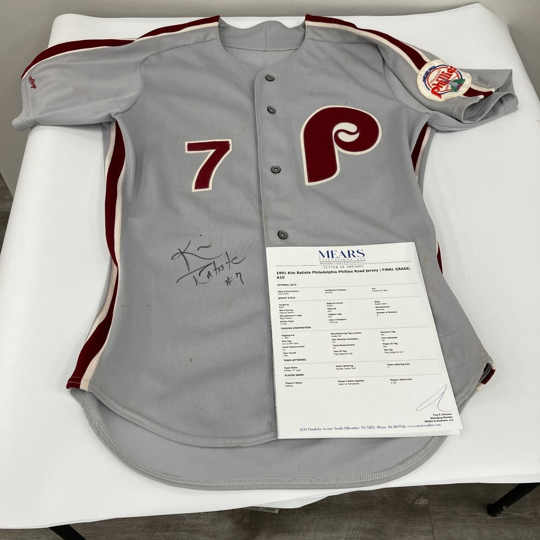 Kim Batiste 1991 Game Used Phillies Jersey MEARS A10 COA: Kim Batiste 1991 Game Used Phillies Jersey MEARS A10 COA This is a game-used jersey from Kim Batiste's 1991 Rookie Debut with the Philadelphia Phillies. This officially licensed jersey features the te