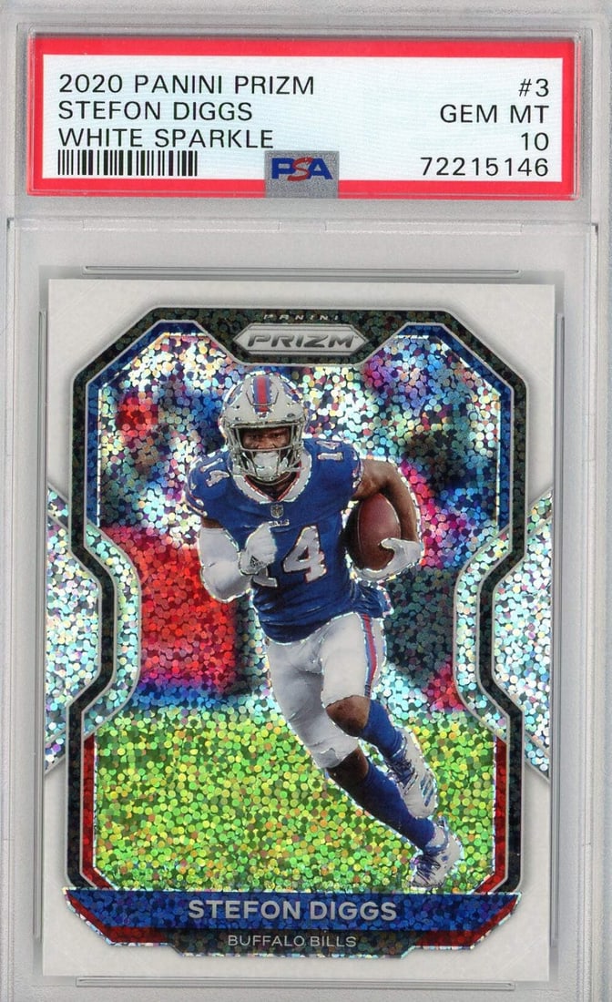 PSA 10 Graded 2020 Panini Prizm Stefon Diggs White Sparkle Card: PSA 10 Graded 2020 Panini Prizm Stefon Diggs White Sparkle Card This 2020 Panini Prizm Stefon Diggs #3 White Sparkle Football Card is a collector's gem, graded PSA 10 by Professional Sports Authentica