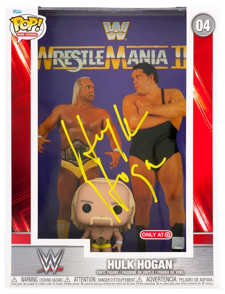 Hulk Hogan Signed Funko Pop WWE Wrestlemania 3 with COA: Hulk Hogan Signed Funko Pop WWE Wrestlemania 3 with COA Celebrate a legendary moment in wrestling history with this Hulk Hogan signed WWE Wrestlemania 3 Funko Pop #04 featuring Hogan vs. Andre The Gia