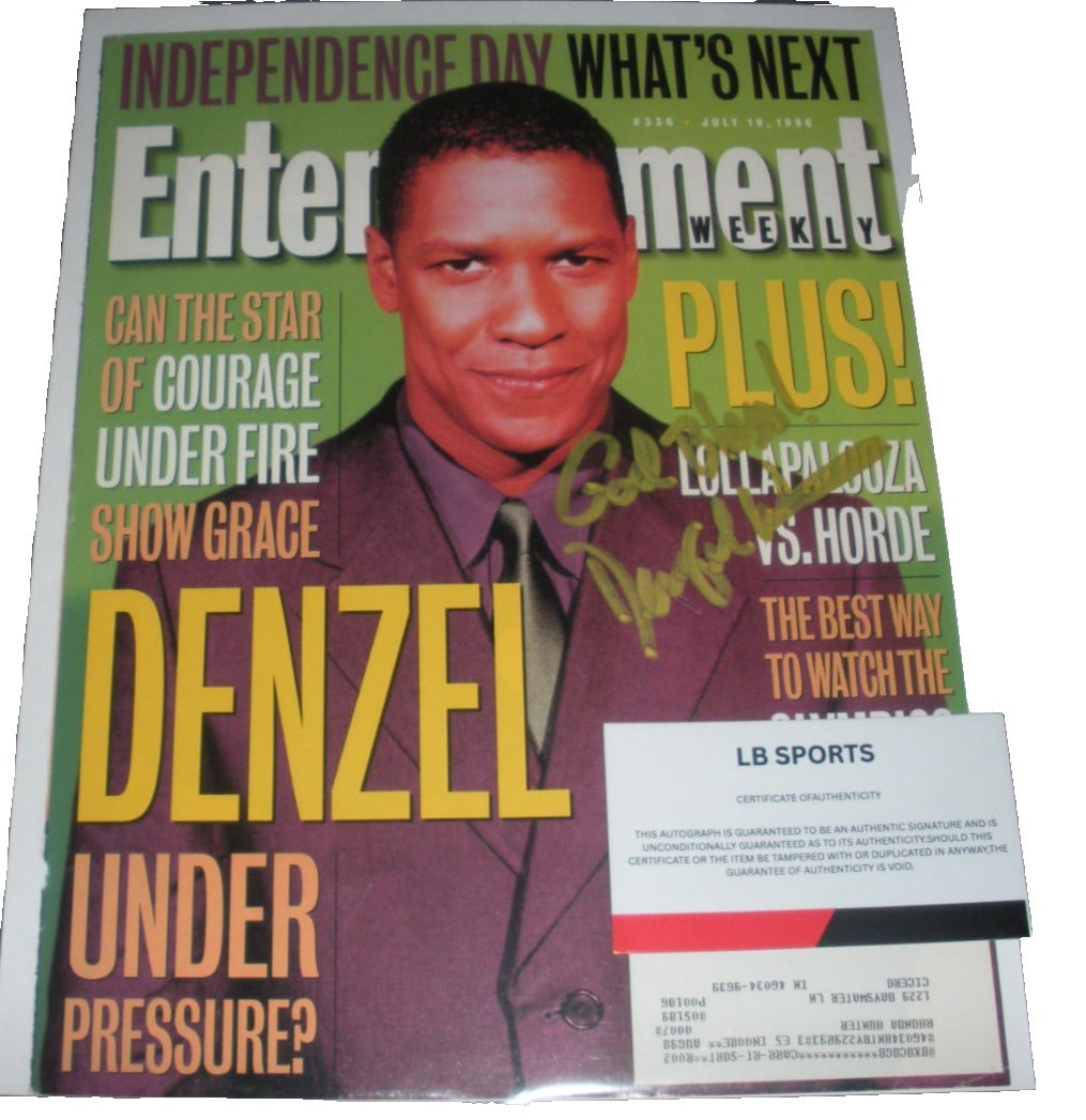 Signed Magazine Cover Featuring Denzel Washington With COA: Signed Magazine Cover Featuring Denzel Washington With COA This is an original entertainment magazine cover featuring Denzel Washington from "The Equalizer." The cover is signed and comes with a certi