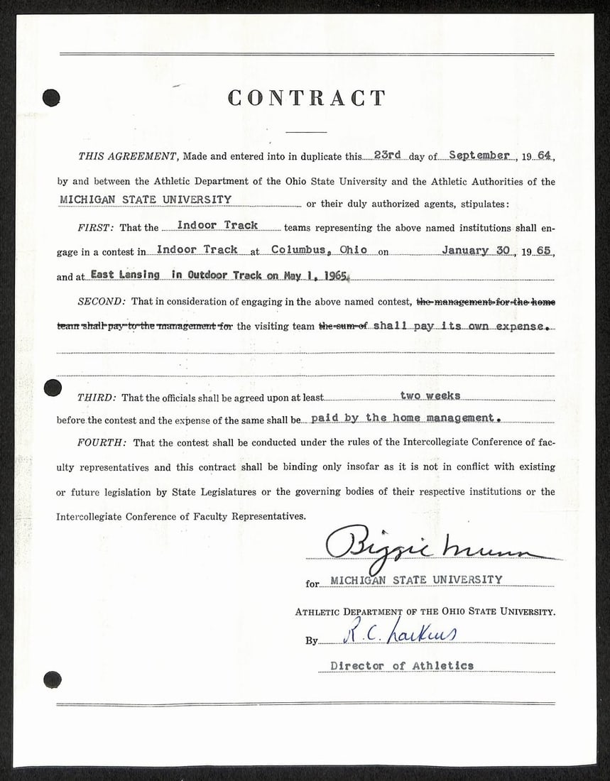 Autographed Contract by Biggie Munn Michigan State Coach with JSA Authentication: Autographed Contract by Biggie Munn Michigan State Coach with JSA Authentication This is an original contract signed by Clarence Lester "Biggie" Munn, the renowned head football coach most notably ass