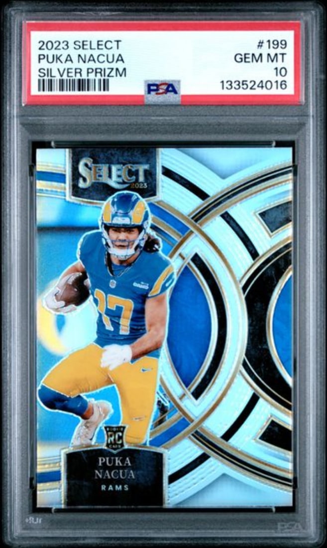 PSA 10 Puka Nacua Silver Prizm Rookie 2023 Select Football Card #199: PSA 10 Puka Nacua Silver Prizm Rookie 2023 Select Football Card #199 This 2023 Panini Select Puka Nacua #199 Silver Prizm RC football card has been professionally graded by PSA and received a top grad