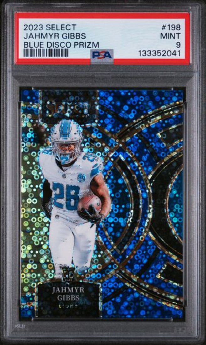 2023 Blue Disco Rookie PSA 9 Jahmyr Gibbs Select Football Card #198 Serial /25: 2023 Blue Disco Rookie PSA 9 Jahmyr Gibbs Select Football Card #198 Serial /25 This is a 2023 Panini Select Jahmyr Gibbs #198 Blue Disco Rookie Card featuring a limited print run of only 25. The card 