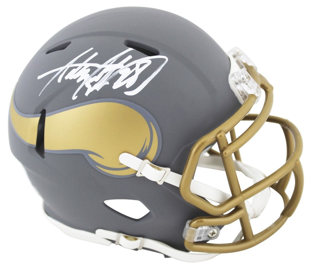 Adrian Peterson Signed Minnesota Vikings Slate Speed Mini Helmet BAS Authentic: Adrian Peterson Signed Minnesota Vikings Slate Speed Mini Helmet BAS Authentic This authentic autographed mini helmet features the signature of Adrian Peterson, former star running back for the Minnes