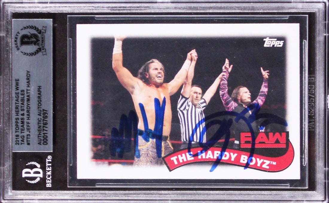Jeff Hardy Matt Hardy Signed 2018 Topps Heritage WWE Card BAS Authenticated: Jeff Hardy Matt Hardy Signed 2018 Topps Heritage WWE Card BAS Authenticated This is an autographed 2018 Topps Heritage WWE Tag Teams & Stables #TT3 card personally signed by wrestling superstars Jeff 