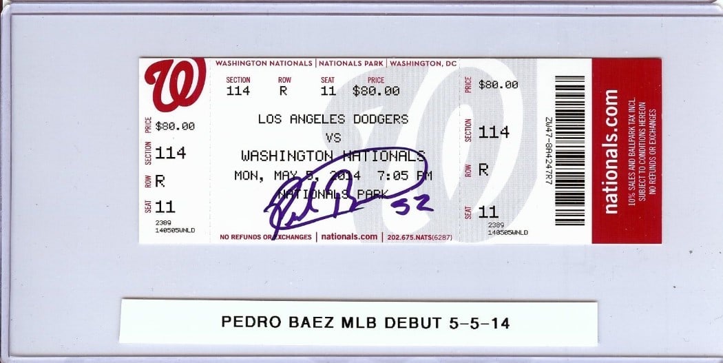 Pedro Baez Autographed MLB Debut Ticket Stub 5-5-14 Dodgers JSA Authenticated: Pedro Baez Autographed MLB Debut Ticket Stub 5-5-14 Dodgers JSA Authenticated Celebrate the debut of Pedro Baez with this original signed ticket stub from the Los Angeles Dodgers' MLB game on May 5, 2