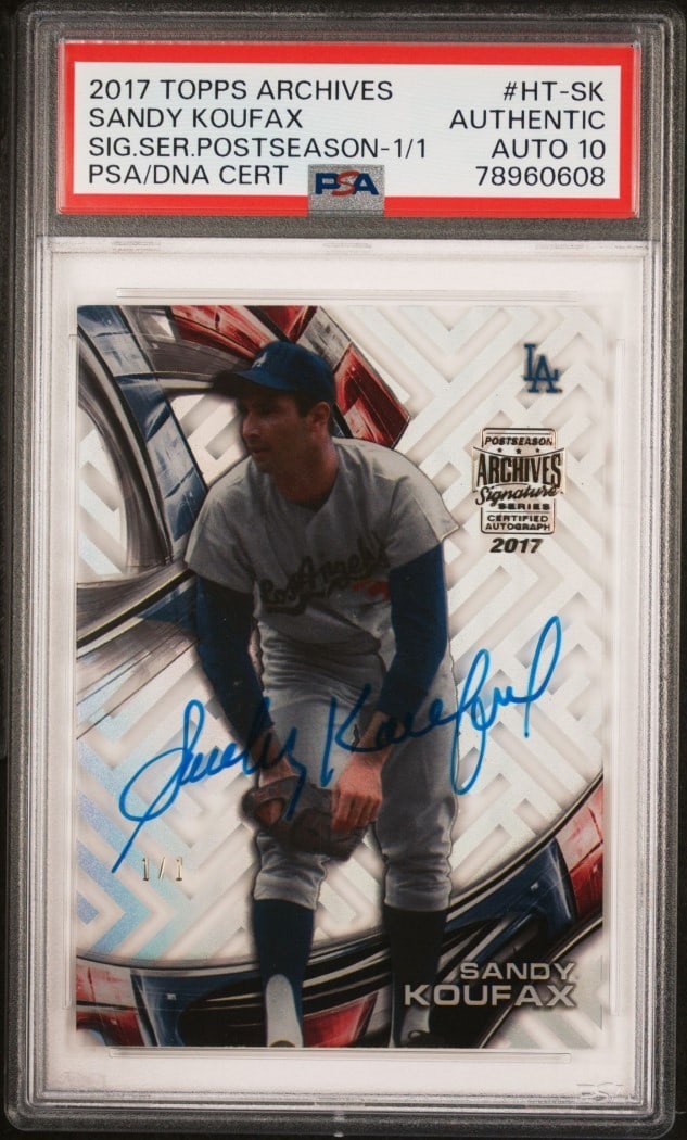 Sandy Koufax 2017 Topps Archives PSA 10 Auto 1/1 Baseball Card: Sandy Koufax 2017 Topps Archives PSA 10 Auto 1/1 Baseball Card This is a highly collectible Sandy Koufax baseball card from the 2017 Topps Archives Postseason Series, featuring the legendary player of