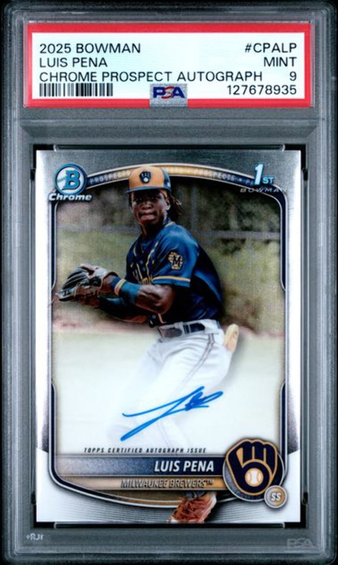 2025 Topps Bowman Luis Pena Autograph RC PSA 9 Graded Chrome Card: 2025 Topps Bowman Luis Pena Autograph RC PSA 9 Graded Chrome Card This is a graded 2025 Topps Bowman Luis Pena #CPALP Chrome Prospects Autograph Rookie Card (RC), featuring the signature of MLB player