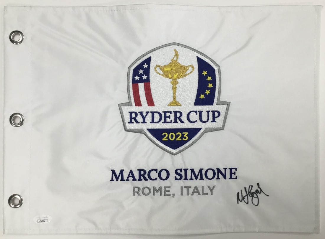 Nicolai Hojgaard Signed 2023 Ryder Cup Italy Pin Flag JSA AT49264: Nicolai Hojgaard Signed 2023 Ryder Cup Italy Pin Flag JSA AT49264 Celebrate golf history with this authentic 2023 Ryder Cup Italy pin flag, signed by professional golfer Nicolai Hojgaard. This origina