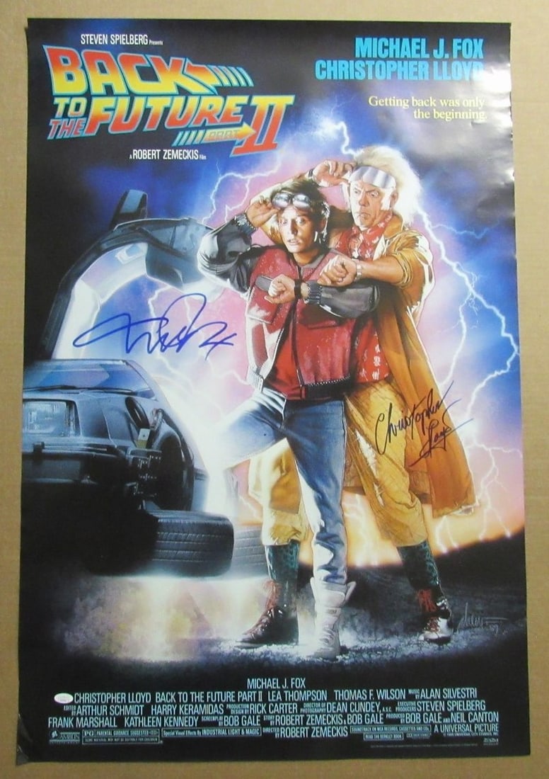 Michael J Fox Christopher Lloyd Signed Back to the Future II 27x40 Poster JSA Authenticated: Michael J Fox Christopher Lloyd Signed Back to the Future II 27x40 Poster JSA Authenticated This is an original, pre-owned 27x40 poster of "Back to the Future II" signed by both Michael J. Fox and Chr
