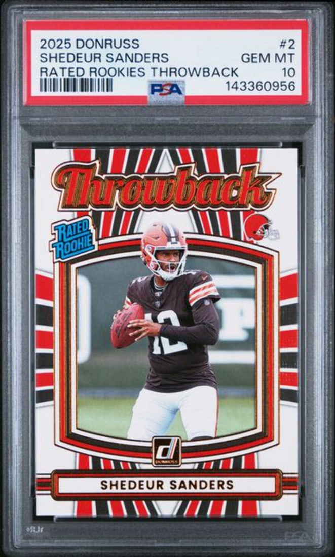 PSA 10 2025 Donruss Shedeur Sanders Rated Rookies Throwback Football Card: PSA 10 2025 Donruss Shedeur Sanders Rated Rookies Throwback Football Card This is an original 2025 Panini Donruss Shedeur Sanders #2 Rated Rookies Throwback card, graded PSA 10 by Professional Sports 