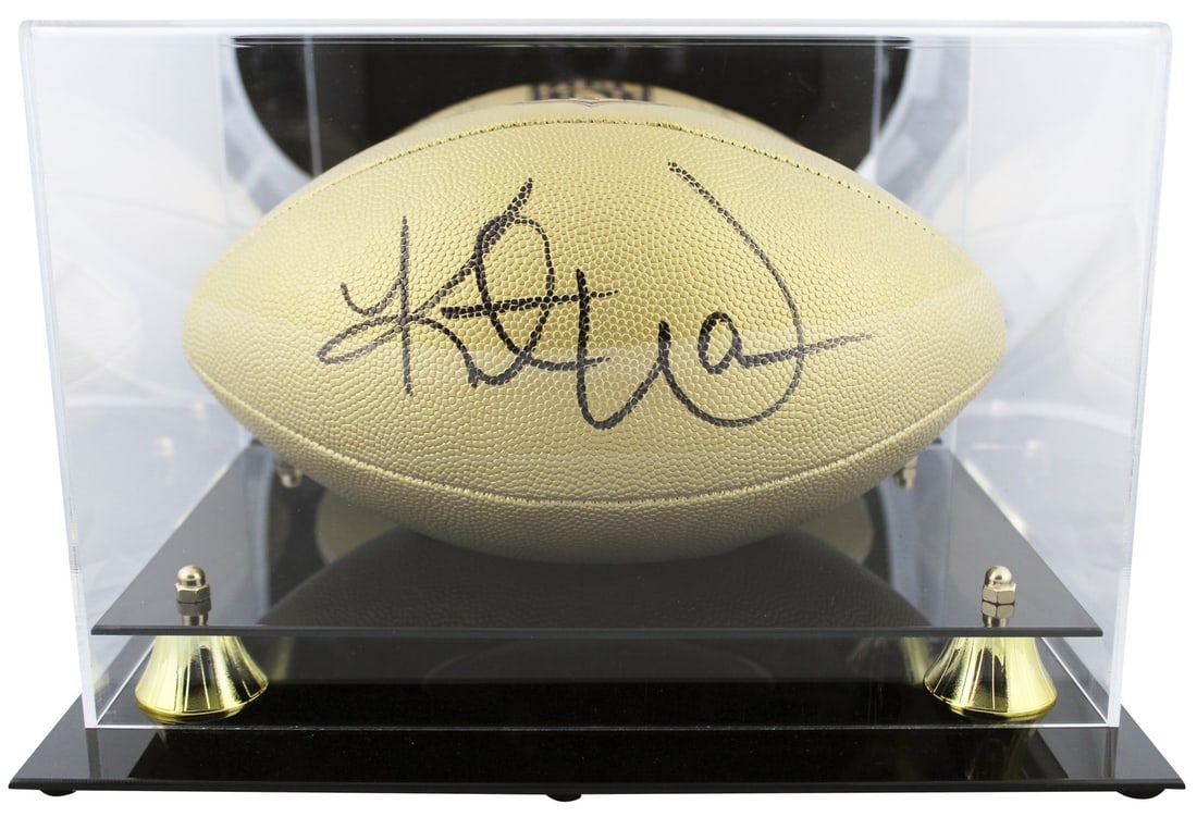 Kurt Warner Autographed Wilson Replica Gold Football With Beckett Authentication and Case: Kurt Warner Autographed Wilson Replica Gold Football With Beckett Authentication and Case This official Wilson Replica Duke Metallic Gold Football has been personally signed by Kurt Warner. The ball c