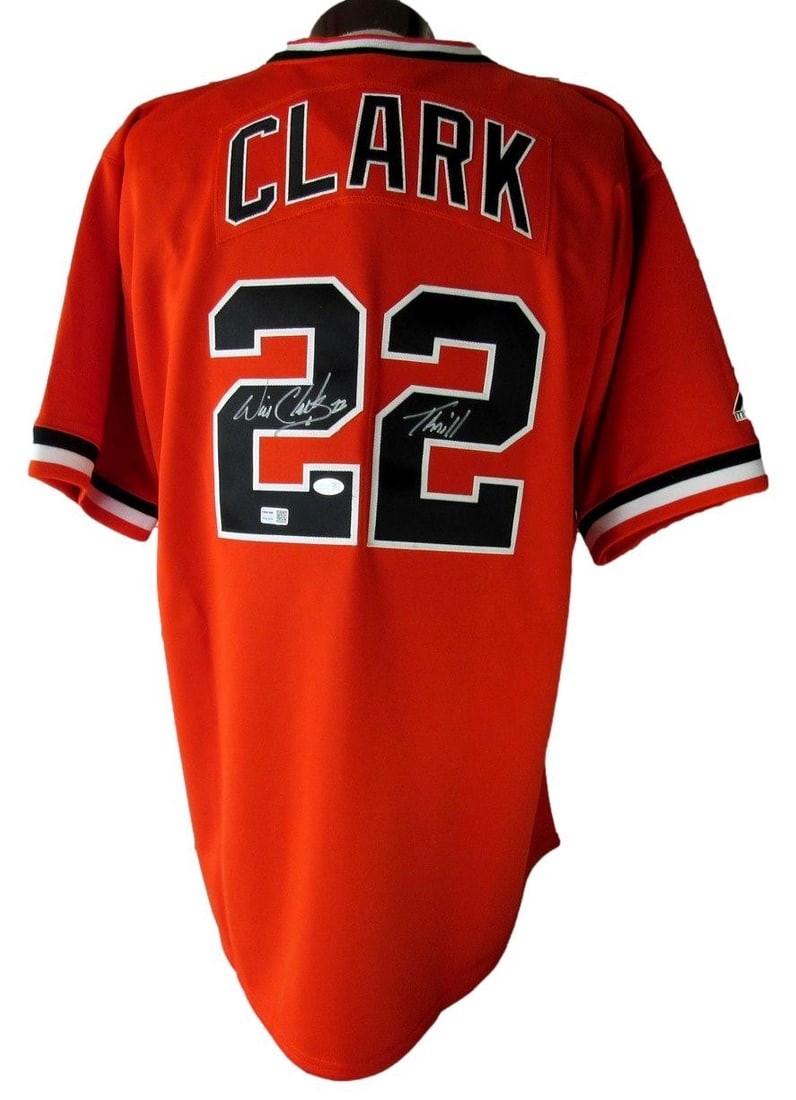 Will Clark Autographed Giants Orange Jersey with Inscription JSA Certified: Will Clark Autographed Giants Orange Jersey with Inscription JSA Certified This Will Clark San Francisco Giants orange Mitchell & Ness baseball jersey is signed and inscribed by Will Clark. The autogr