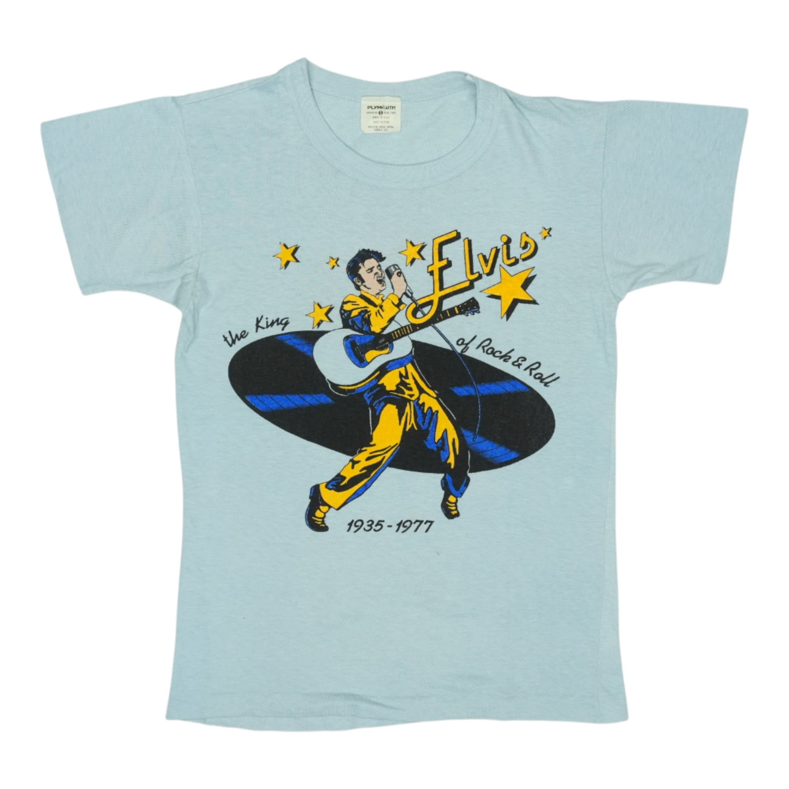 Vintage 1977 Blue Elvis Presley Rock and Roll Cotton T Shirt: Vintage 1977 Blue Elvis Presley Rock and Roll Cotton T Shirt This is an original vintage 1977 Elvis Presley King Of Rock & Roll shirt, not a modern reproduction. The shirt is made from 100% cotton and
