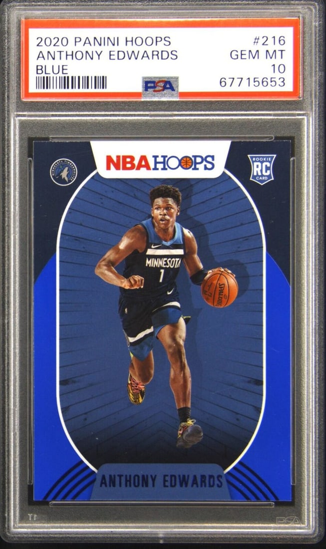 2020 Panini Hoops Anthony Edwards Rookie Card PSA 10 Graded: 2020 Panini Hoops Anthony Edwards Rookie Card PSA 10 Graded This is a graded 2020 Panini Hoops Anthony Edwards #216 Rookie Basketball Card with a PSA grade of 10. The card features Anthony Edwards, a 