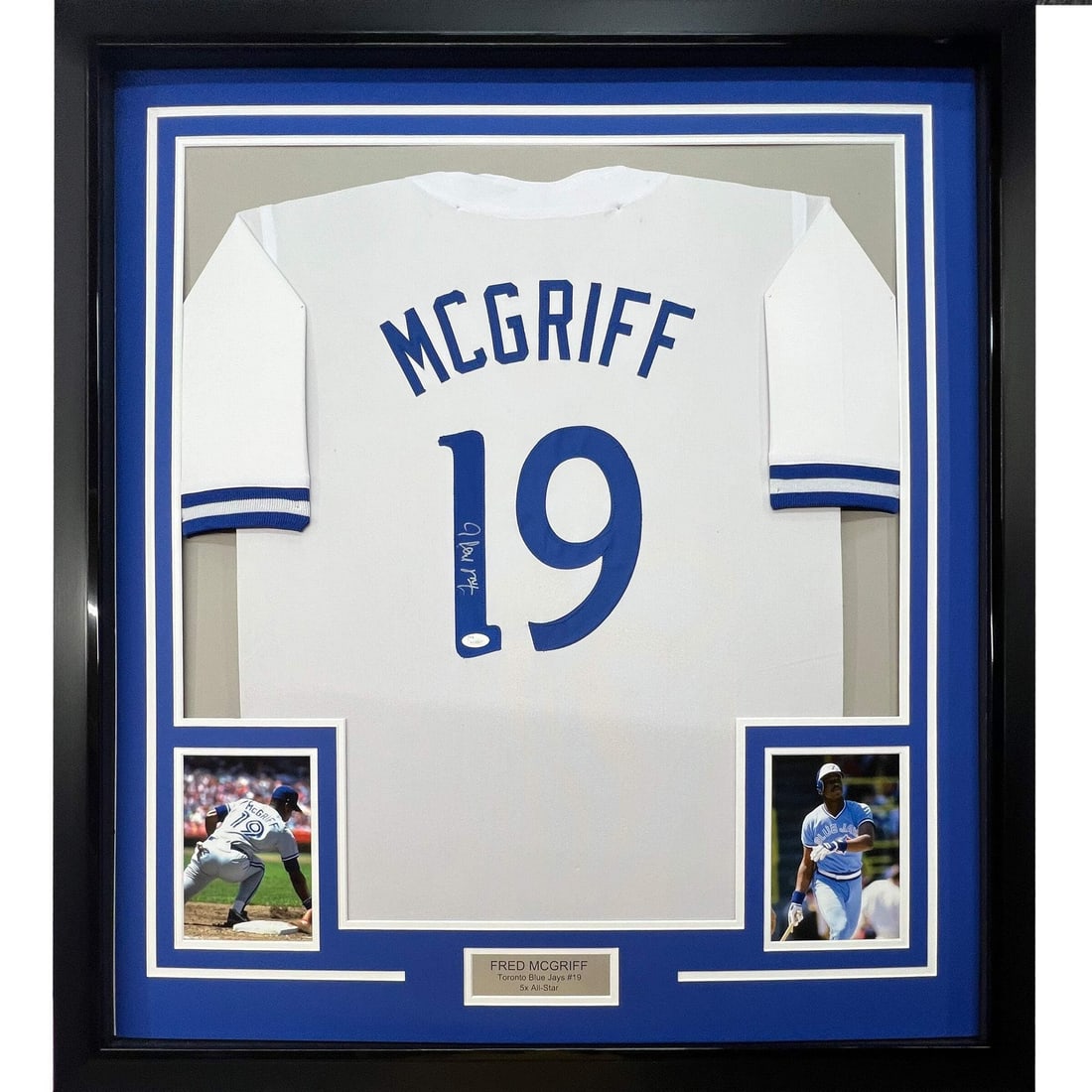 Framed Autographed Fred McGriff Toronto Blue Jays Jersey JSA COA 33x42: Framed Autographed Fred McGriff Toronto Blue Jays Jersey JSA COA 33x42 This framed autographed jersey features the signature of Fred McGriff, a prominent MLB player known for his time with the Toronto