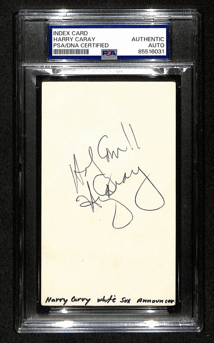 Harry Caray Signed 3x5 Index Card Chicago Cubs PSA/DNA Authenticated: Harry Caray Signed 3x5 Index Card Chicago Cubs PSA/DNA Authenticated This offering features an original Harry Caray Holy Cow Chicago Cubs signed 3x5 index card, authenticated by PSA/DNA. The card is e