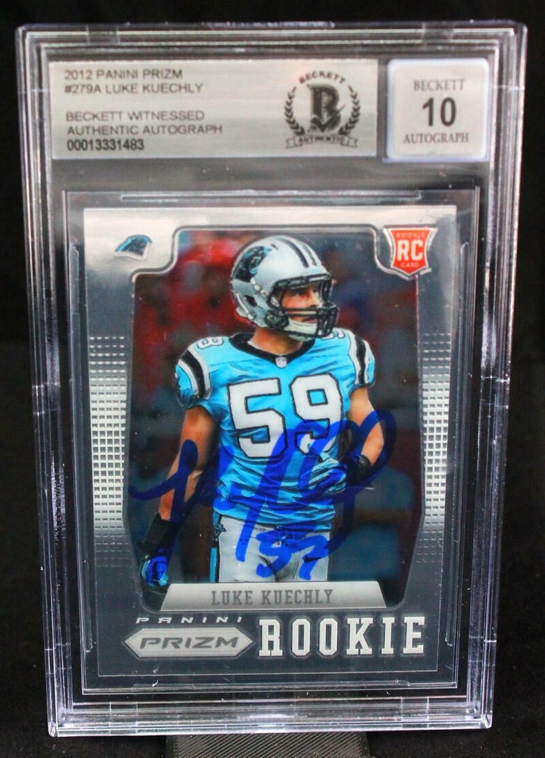 Luke Kuechly 2012 Prizm Rookie Autograph Card BGS 10 Carolina Panthers: Luke Kuechly 2012 Prizm Rookie Autograph Card BGS 10 Carolina Panthers This is a 2012 Panini Prizm #279A sports trading card featuring Luke Kuechly of the Carolina Panthers. The card includes a rookie