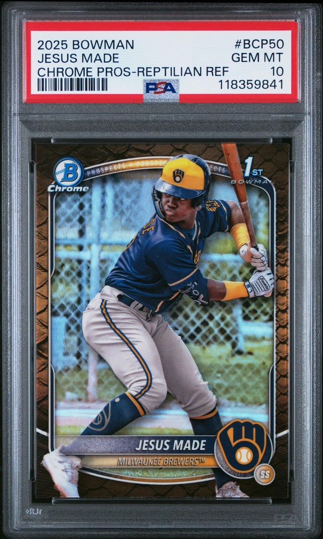 2025 Bowman Jesus Made #BCP50 Reptilian Refractor PSA 10 Rookie Card: 2025 Bowman Jesus Made #BCP50 Reptilian Refractor PSA 10 Rookie Card This 2025 Bowman Jesus Made #BCP50 Reptilian Refractor RC baseball card is a must-have for collectors. Graded a perfect 10 by Profe