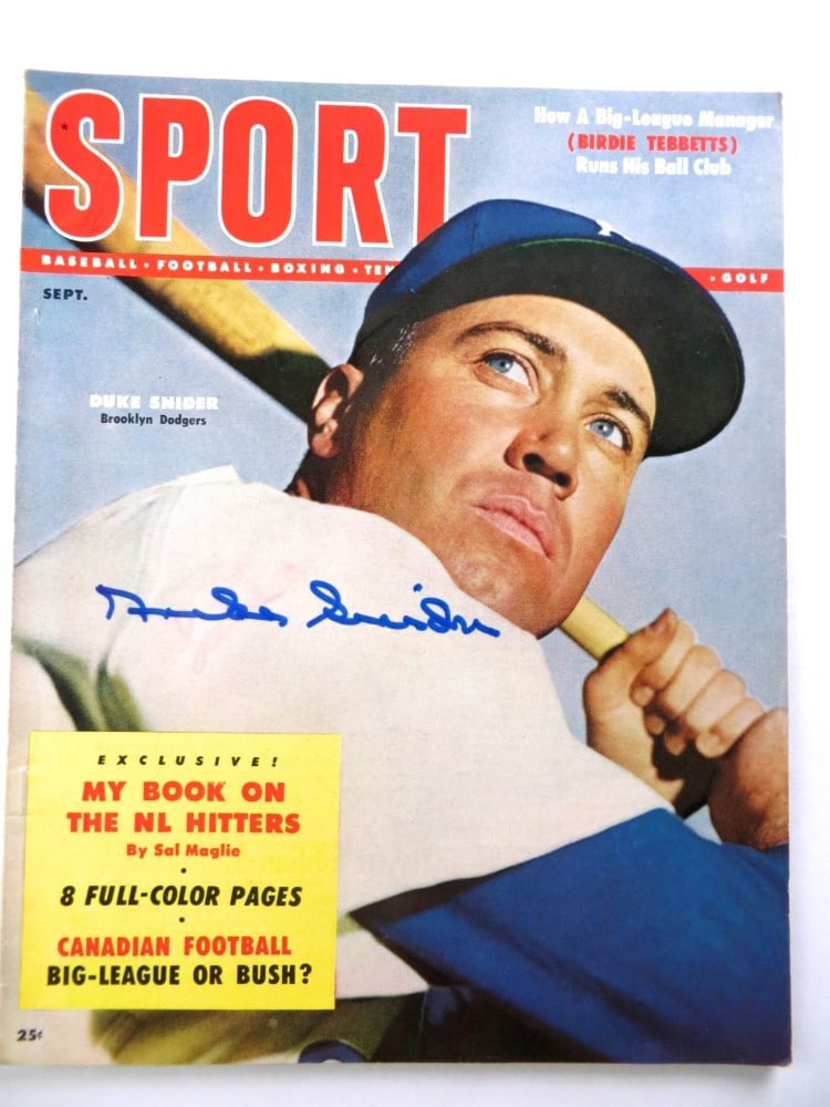 Duke Snider Autographed 1954 Magazine Brooklyn Dodgers JSA Authenticated: Duke Snider Autographed 1954 Magazine Brooklyn Dodgers JSA Authenticated This original magazine features the legendary Duke Snider of the Brooklyn Dodgers, prominently signed by the player himself. Th