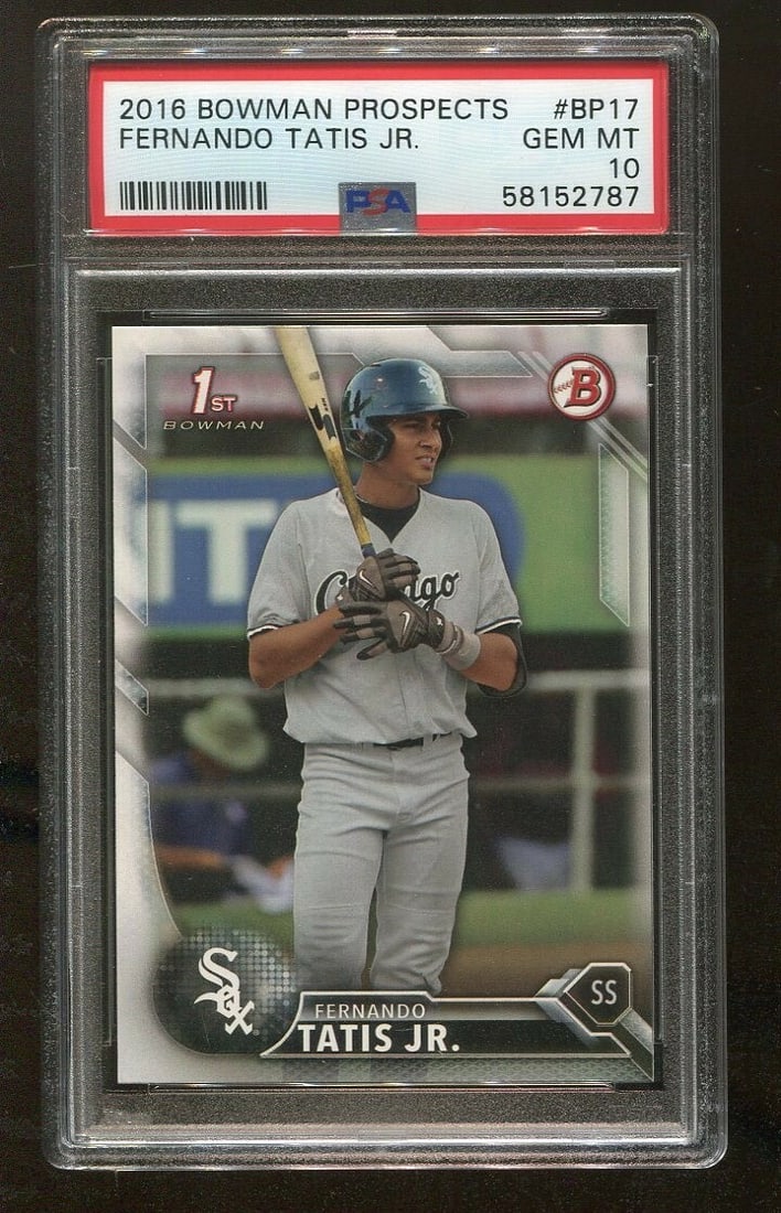 Fernando Tatis Jr. 2016 Bowman Prospects #BP17 RC PSA 10 Graded Baseball Card: Fernando Tatis Jr. 2016 Bowman Prospects #BP17 RC PSA 10 Graded Baseball Card This is a graded 2016 Bowman Prospects #BP17 rookie card featuring Fernando Tatis Jr., one of the standout players in Majo