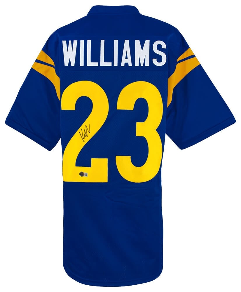 Kyren Williams Signed Blue Custom Jersey with Beckett COA: Kyren Williams Signed Blue Custom Jersey with Beckett COA Celebrate your fandom with this Kyren Williams signed blue custom football jersey from the Los Angeles Rams. This original jersey showcases th