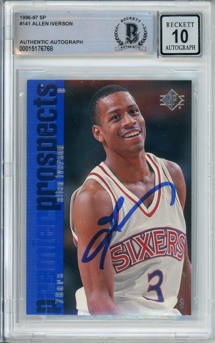 1996-97 Upper Deck SP Allen Iverson RC #141 BGS Autograph 10 76ers: 1996-97 Upper Deck SP Allen Iverson RC #141 BGS Autograph 10 76ers This is a 1996-97 Upper Deck SP #141 basketball trading card featuring Allen Iverson, a prominent player for the 76ers. This card is 