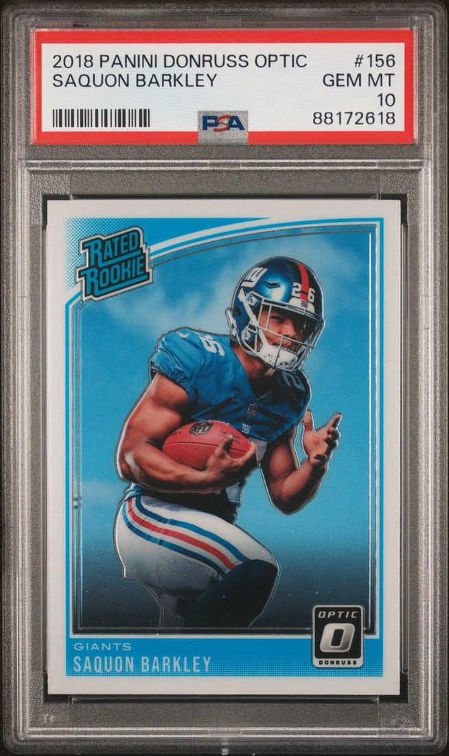 2018 Panini Donruss Optic Saquon Barkley Rookie Card PSA 10 Authentic: 2018 Panini Donruss Optic Saquon Barkley Rookie Card PSA 10 Authentic This is a graded 2018 Panini Donruss Optic Saquon Barkley #156 Rookie Football Card, rated PSA 10. The card features the talented 