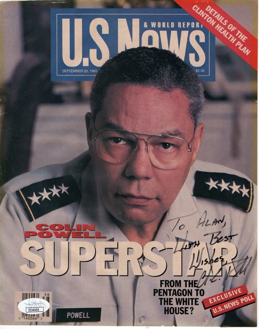 Colin Powell Signed US News Magazine Cover Authenticated by JSA: Colin Powell Signed US News Magazine Cover Authenticated by JSA This is an original US News magazine cover featuring a bold autograph from Colin Powell, the esteemed General and former Secretary of St