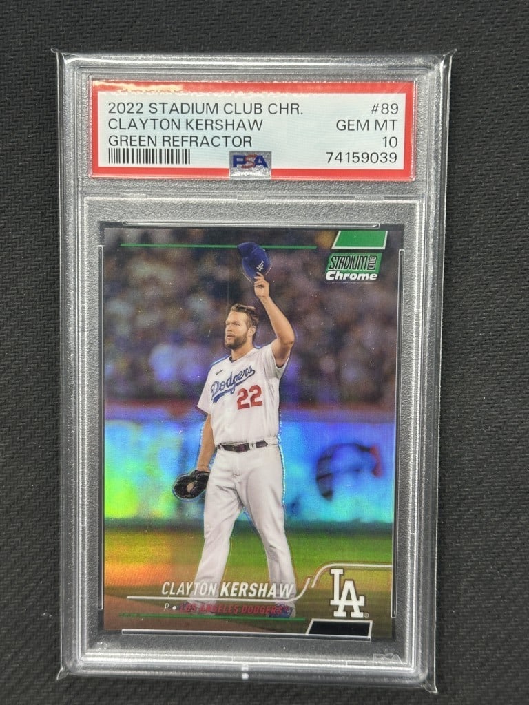 Clayton Kershaw 2022 Stadium Club Green Refractor PSA 10 Dodgers Card #89: Clayton Kershaw 2022 Stadium Club Green Refractor PSA 10 Dodgers Card #89 Own a stunning Clayton Kershaw 2022 Stadium Club Chrome Green Refractor baseball card, graded PSA 10. This collectible feature