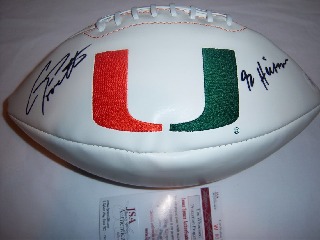 Autographed Football by Gino Torretta with JSA COA Miami Hurricanes: Autographed Football by Gino Torretta with JSA COA Miami Hurricanes This is a pre-owned football signed by Gino Torretta, associated with the Miami Hurricanes. The item is an original and comes with J