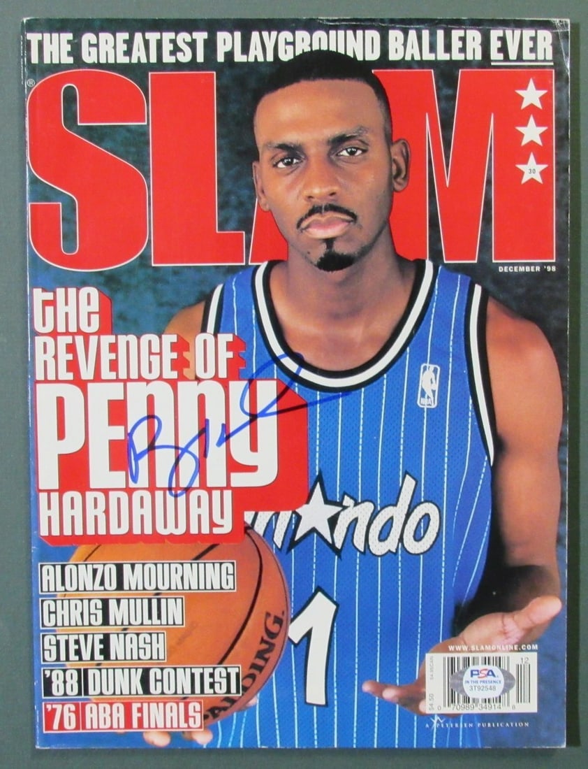 Anfernee Hardaway Autographed December 1998 SLAM Magazine PSA/DNA: Anfernee Hardaway Autographed December 1998 SLAM Magazine PSA/DNA Offered is an Anfernee "Penny" Hardaway autographed December 1998 SLAM Magazine. This original magazine is a must-have for any basketb