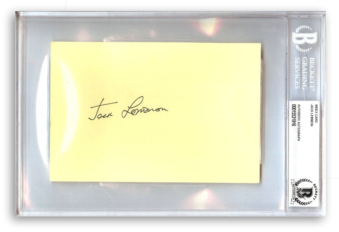 Beckett Authenticated Jack Lemmon Signed Index Card Classic Film Memorabilia: Beckett Authenticated Jack Lemmon Signed Index Card Classic Film Memorabilia This is an original index card signed by Jack Lemmon, the acclaimed actor known for his roles in "Some Like It Hot" and "Th