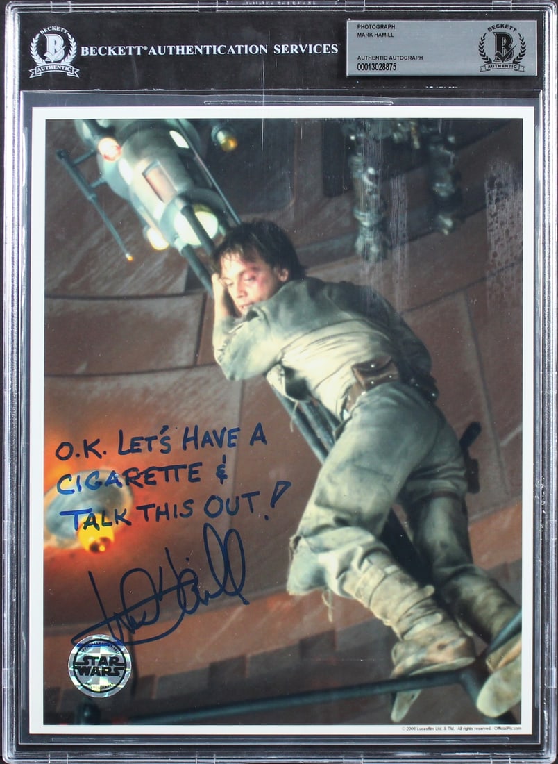Mark Hamill Signed Star Wars Empire Strikes Back 8x10 Photo BAS Slabbed: Mark Hamill Signed Star Wars Empire Strikes Back 8x10 Photo BAS Slabbed This remarkable 8x10 photograph features the iconic Mark Hamill, personally signed with the memorable inscription, "O.K. Let's H