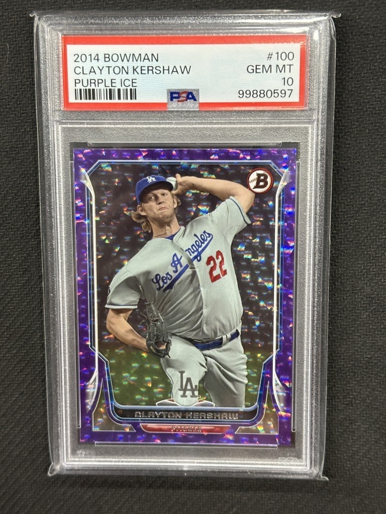 Clayton Kershaw 2014 Bowman Purple Ice PSA 10 Baseball Card #100 SSP: Clayton Kershaw 2014 Bowman Purple Ice PSA 10 Baseball Card #100 SSP This is a rare 2014 Bowman Purple Ice baseball card featuring Clayton Kershaw, one of the standout pitchers in MLB. This card, numb